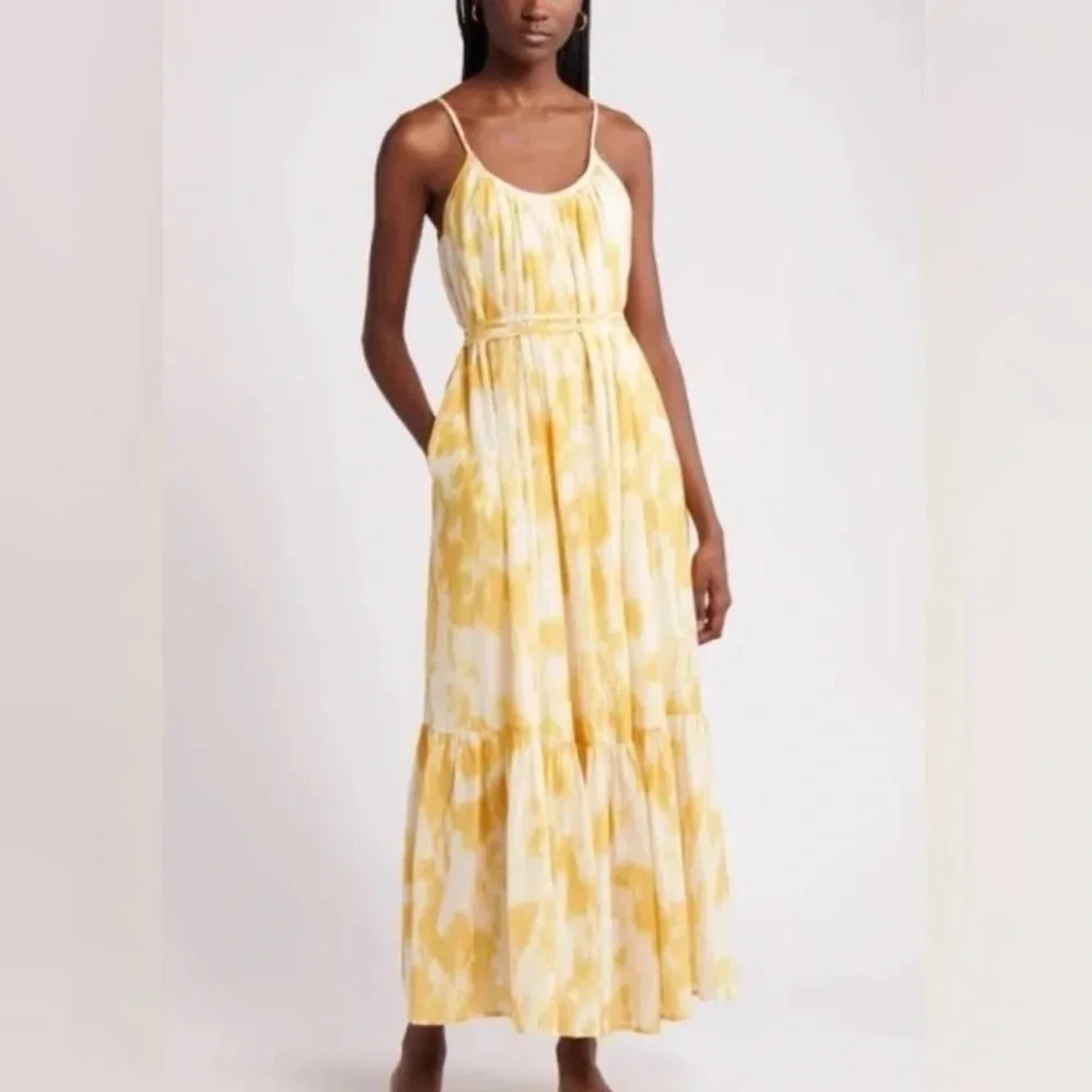 Nordstrom Silk Cotton Sun Dress Yellow White Maxi Pocket Boho Festival S - Picture 10 of 10